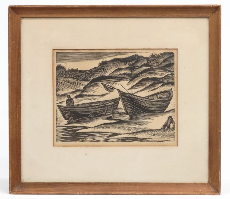 Isaac Friedlander (N.Y. 1890 - 1968): Isaac Friedlander (N.Y. 1890 - 1968), woodcut, figure in boat. Sight 8 1/2" x 11". Titled "Dunes", signed LRC.