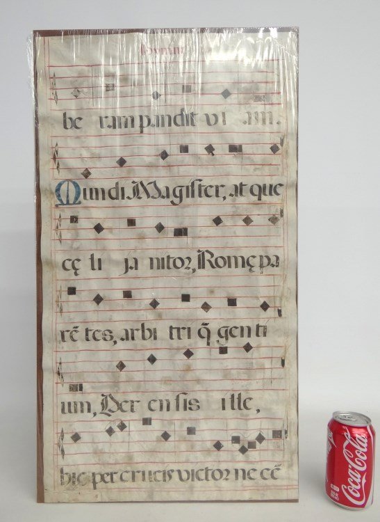 16th c. Sheet Music: 16th c. Spanish sheet music. Titled "Hymn". Hand-written on vellum/parchment. Rare large size. 26 1/2" x 15 3/4"
