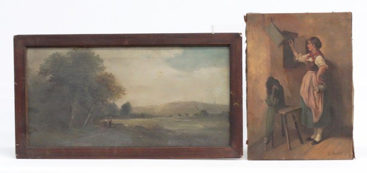 Painting Lot: Painting lot including Continental School with figure signed "C. Rivas" (damaged, 17" x 12"), Continental School landscape with figures (damaged, 12" x 24").
