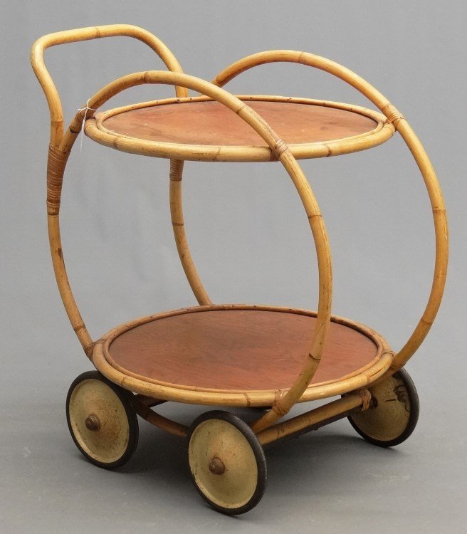 Vintage Bamboo Tea Cart: Vintage bamboo (2) tiered rolling tea cart. 33" x 25" x 35" Ht.