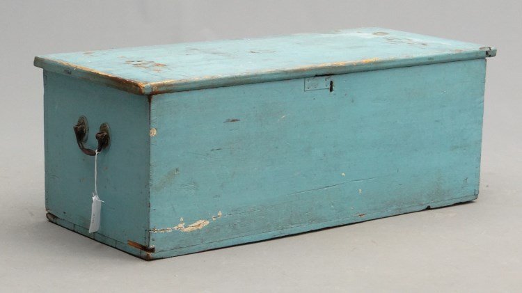 19th c. Trunk: 19th c. trunk with side handles in old blue paint. 35" x 14 1/2" x 13" Ht. Dovetailed case.