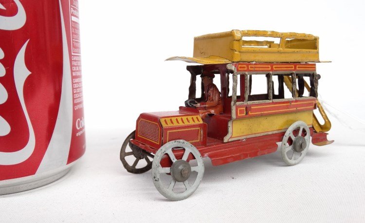 Tin Toy: Early tin toy double decker bus. 4" L.