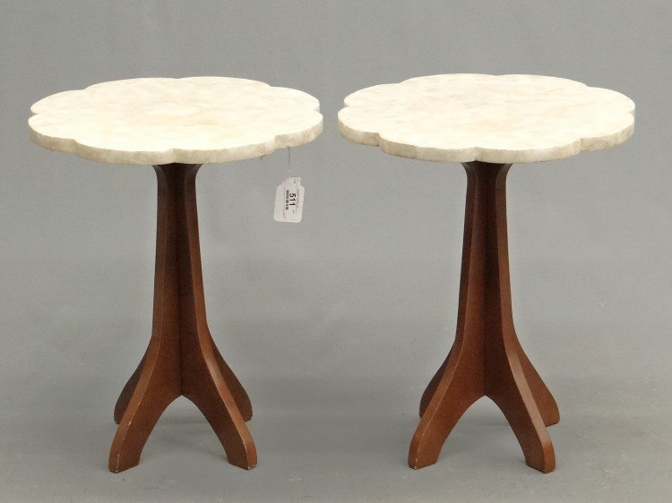Mother Of Pearl Side Tables: Pair Mother Of Pearl top side tables. 18" D., 22 1/2" Ht.