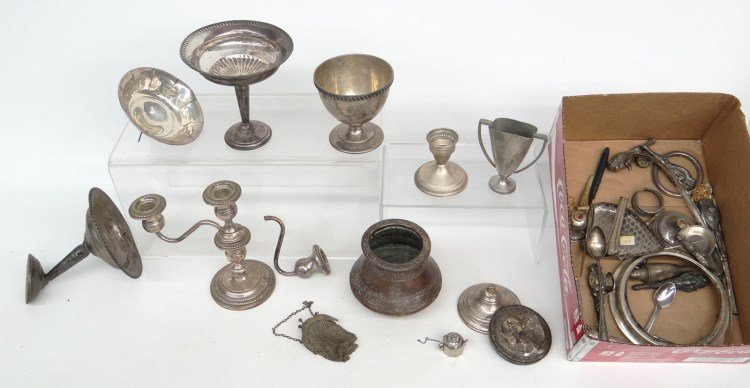 Sterling & Silverplate Lot: Misc. sterling and silverplate lot including bowls, hallmarked chalice, etc. Mostly weighted sterling. Some as found.