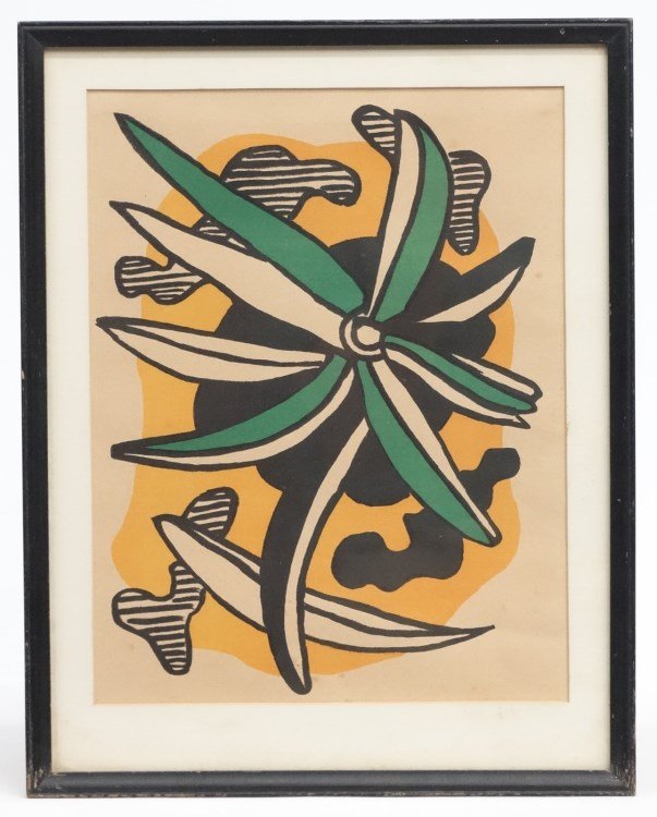 Fernand Leger (1881 - 1955): Fernand Leger (1881 - 1955), "Flower", print. Label verso reads "FLOWER/Original Colored...FERNAND LEGER...#108-92". Sight 12" x 9 1/4".