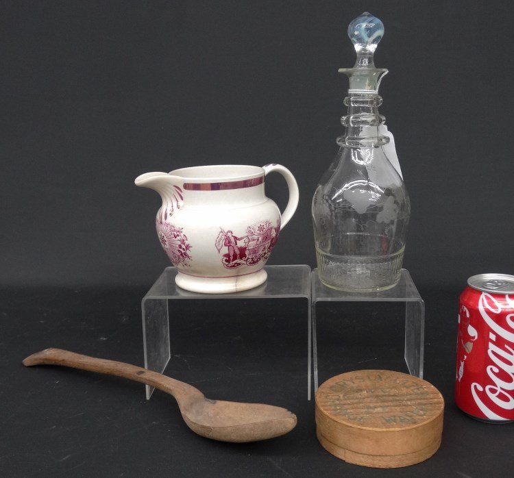 Misc. Lot: Misc. lot including etched decanter with stopper (10" Ht.), Luster Temperance pitcher (has lines), early pantry box "NY Confection...", along with early wooden spoon.