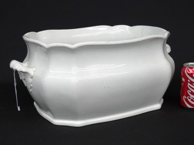 Ironstone Basin: 19th c. ironstone basin with side handles. 20" x 12 1/2" x 8 1/2" Ht., base has lines.
