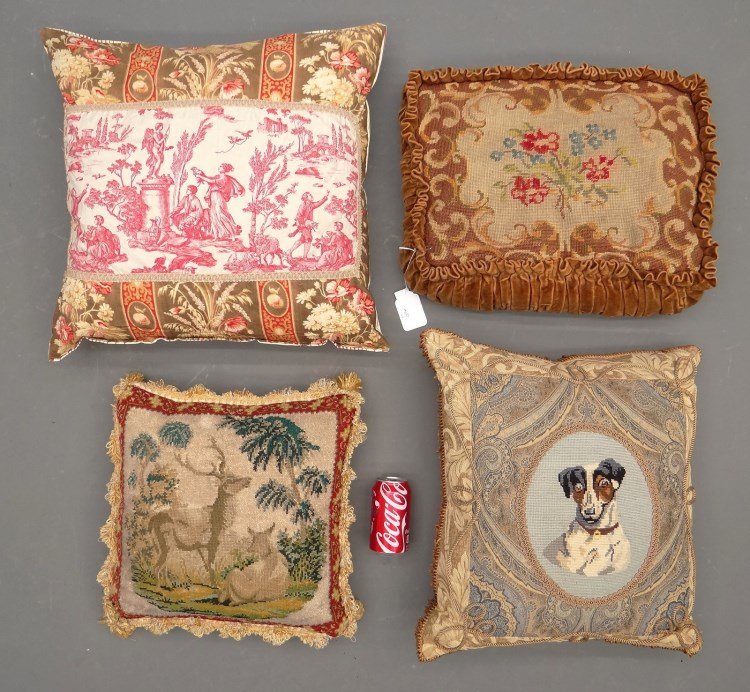 Pillow Lot: Lot of (4) pillows including beaded example with deer, Toile with floral print, needlepoint, needlepoint with dog design.