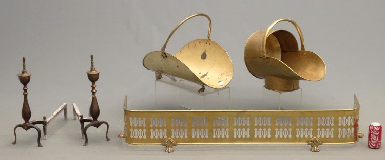 Fireplace Lot: Fireplace lot including (2) brass coal buckets, fire fender with paw feet (49" W.), and pair brass andirons (18" Ht., 17" D.).