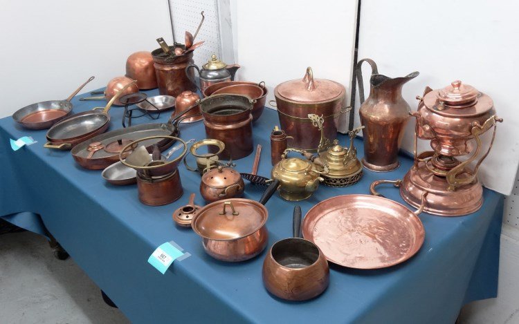 Copper Kitchenware Lot: Lot of over (30) pieces of copper including pans, teapots, bowls, accessories etc.
