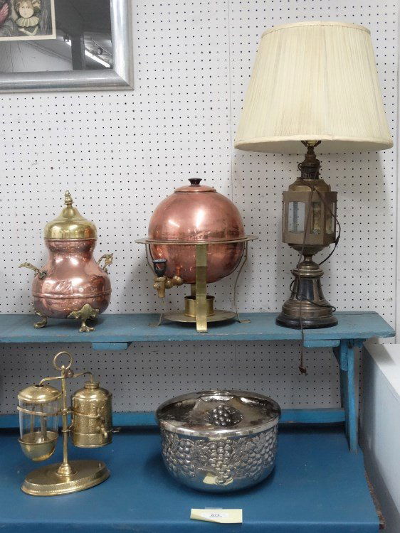 Misc. Lot: Misc. lot including glass and brass coffee makers, lamp, warmer etc.