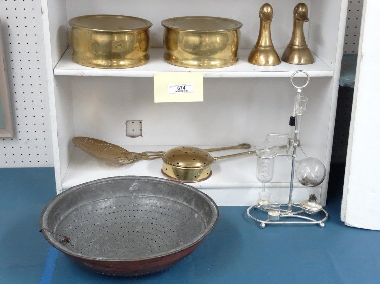 Misc. Lot: Misc. lot including brass and copper strainers, spittoons, door weights etc.