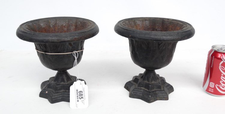 Pair Cast Iron Urns: Pair cast iron urns. 7 1/2" D., 7 1/2" Ht.