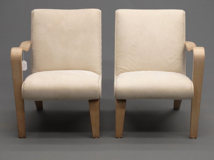 Modern Design Armchairs: Pair Modern design armchairs, can be put together to make settee. Each 24" x 30"x 31" Ht.