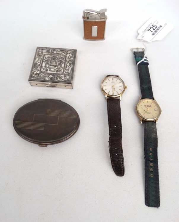 Misc. Lot: Misc. lot including vintage Evans lighter, (2) compacts, (2) watches (Caravell & Omega).