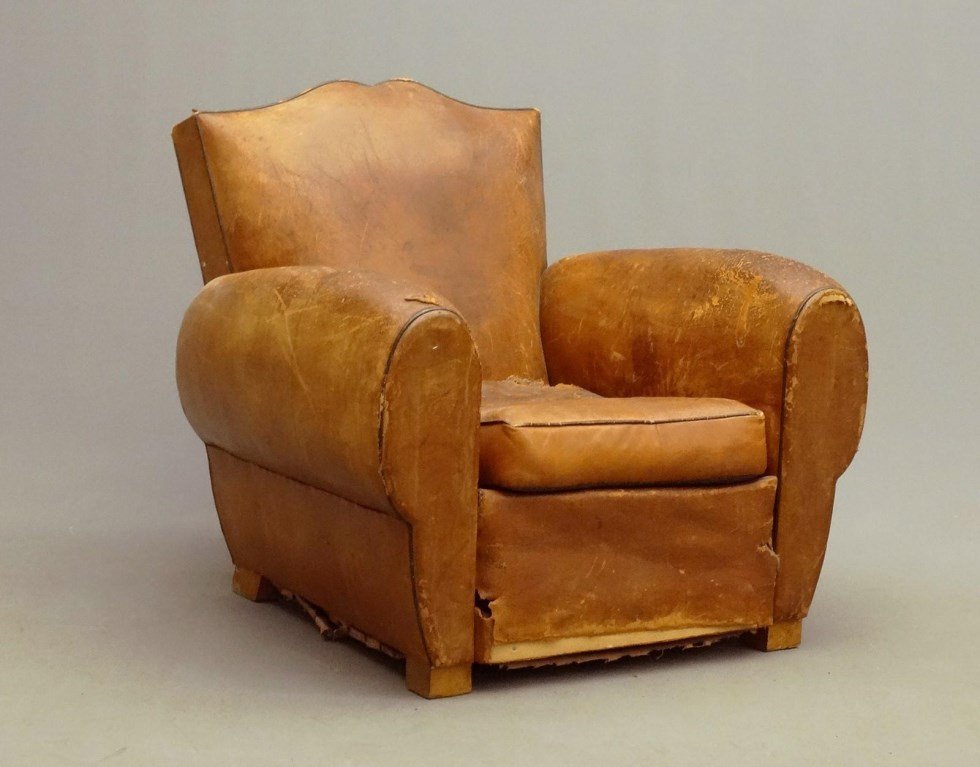 1930's French Art Deco Leather Club Chair: 1930's French Art Deco leather club chair. 34" x 32" x 31" Ht.. as found.