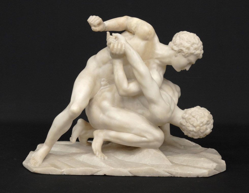 Alabaster Statue: Early alabaster statue, Classical subject with two wrestlers. 15" x 8" x 11" Ht.