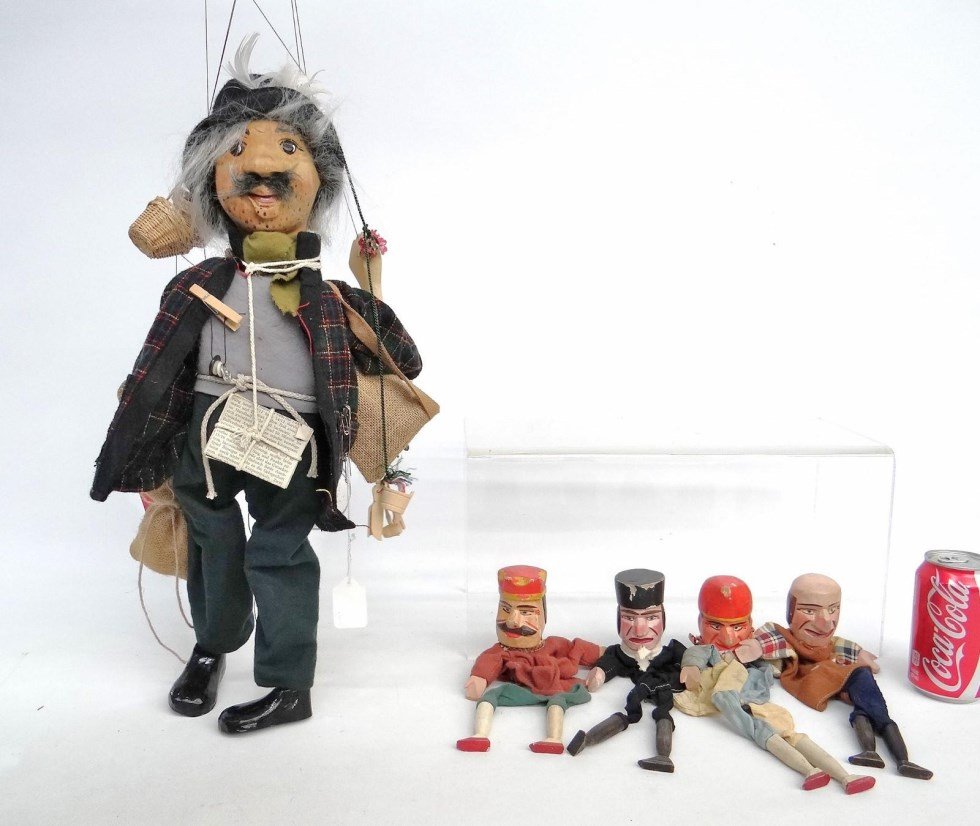 Puppet Lot: Lot (5) various carved wooden puppets. 12" to 18" Ht.