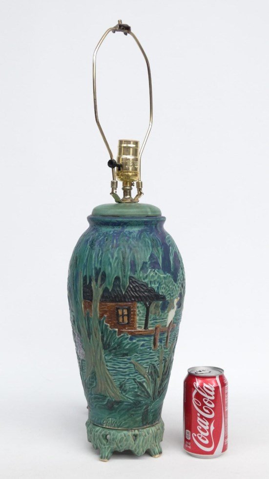 Florida Faience Pottery Lamp: Florida Faience labeled pottery lamp, also marked "Martin Handcrafted" (25" overall Ht.).