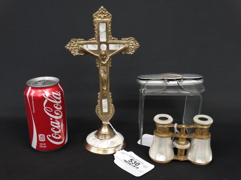 Misc. Lot: Misc. lot including mother of pearl and brass Cross (10" Ht.), pair cased spectacles, mother of pearl opera glasses (COLMONT PARIS).