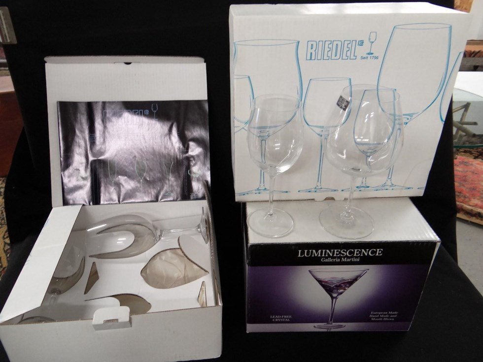 Boxed Wine Glasses: Lot (3) sets boxed wine glasses (Luminescence, Riedel).