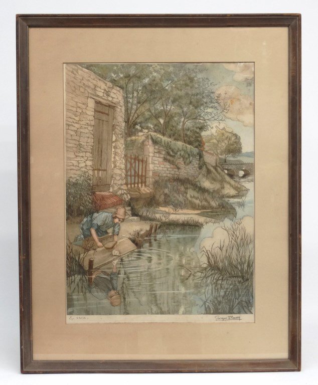 Georges Plasse Etching: Georges Plasse, canal scene, colored etching. Pencil signed. Sight 23" x 22 1/2".
