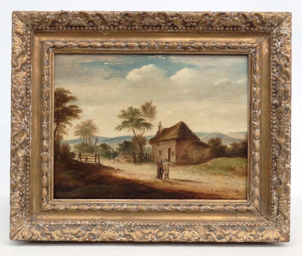 Continental School Homestead With Figures: Continental School homestead with figures, oil on wood panel. Work 9 1/2" x 13".