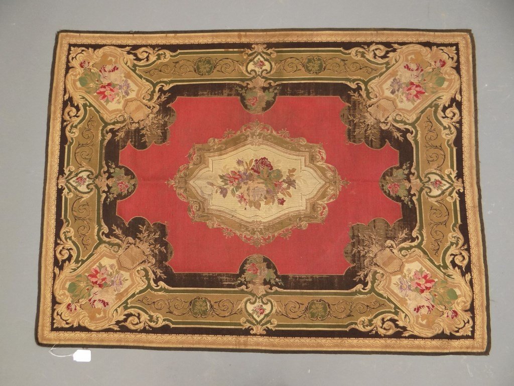 Early Aubusson Scatter Rug: Early Aubusson scatter rug or tapestry. 51" x 68 1/2".