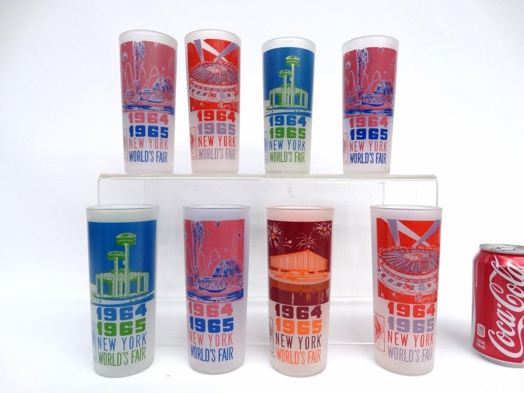 Set Of Worlds Fair Glasses: Set of eight 1964-65 Worlds Fair glasses. 7" Ht.