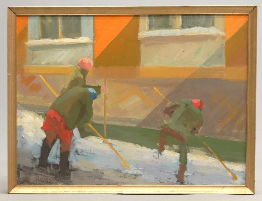 Painting, Robert Freeman (20th/21st century): Robert Freeman (20th/21st century), three figures, oil on canvas. Work 29" x 39". Label verso "Robert Freeman Brook School".