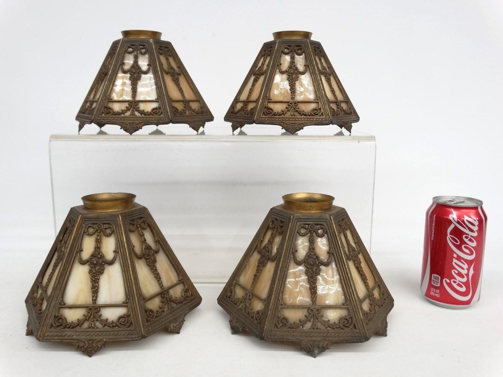 Bradley & Hubbard Shades: Set of (4) signed Bradley & Hubbard slag glass shades. 2 1/2" ring, 6" Ht.