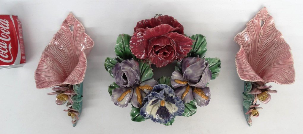 Porcelain Wall Pockets: Lot of (2) porcelain wall pockets (12"), and porcelain floral wall hanging (marked, damaged).