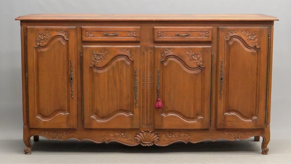 French Server: French carved server having (4) doors and (2) drawers. 79" x 20" x 44" Ht.