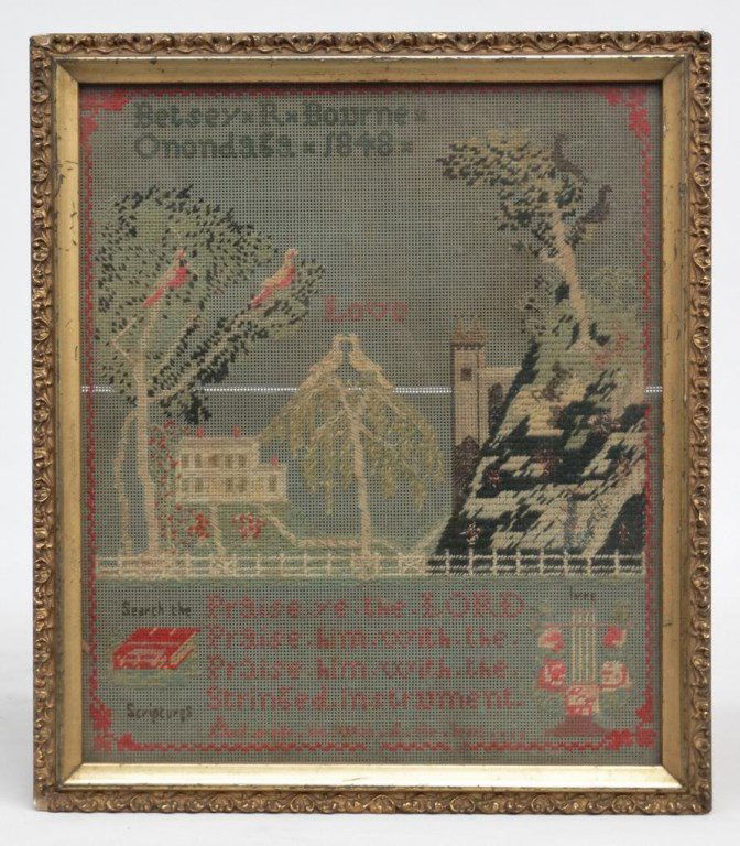 19th c. Needlework: 19th c. needlework with house, verse and "Betsey R. Bourne Onondaga 1848". Sight 10" x 9".