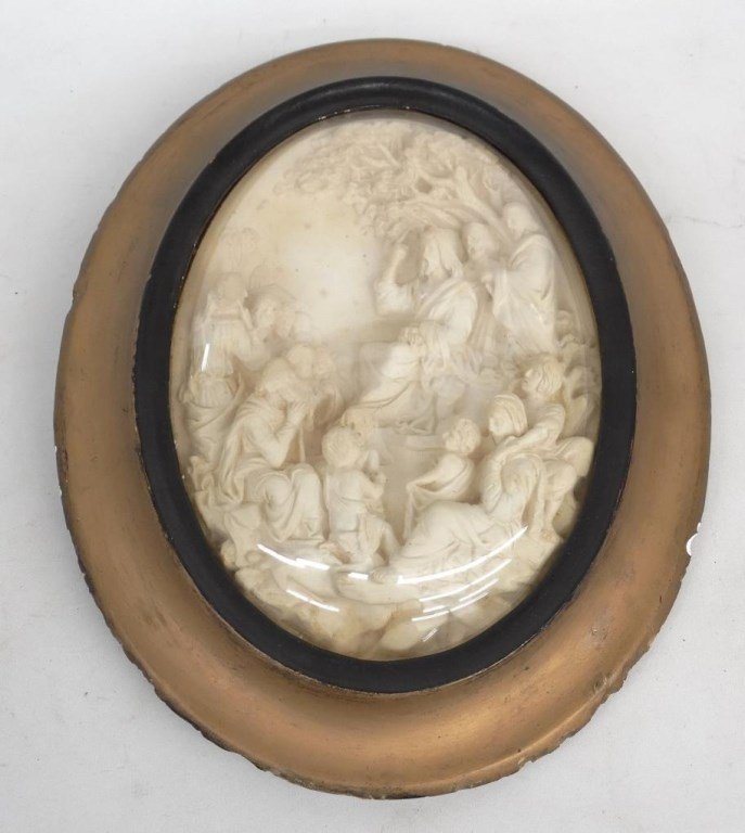 Religious Diorama: C. 1900's plaster oval Religious diorama. 17" x 14".