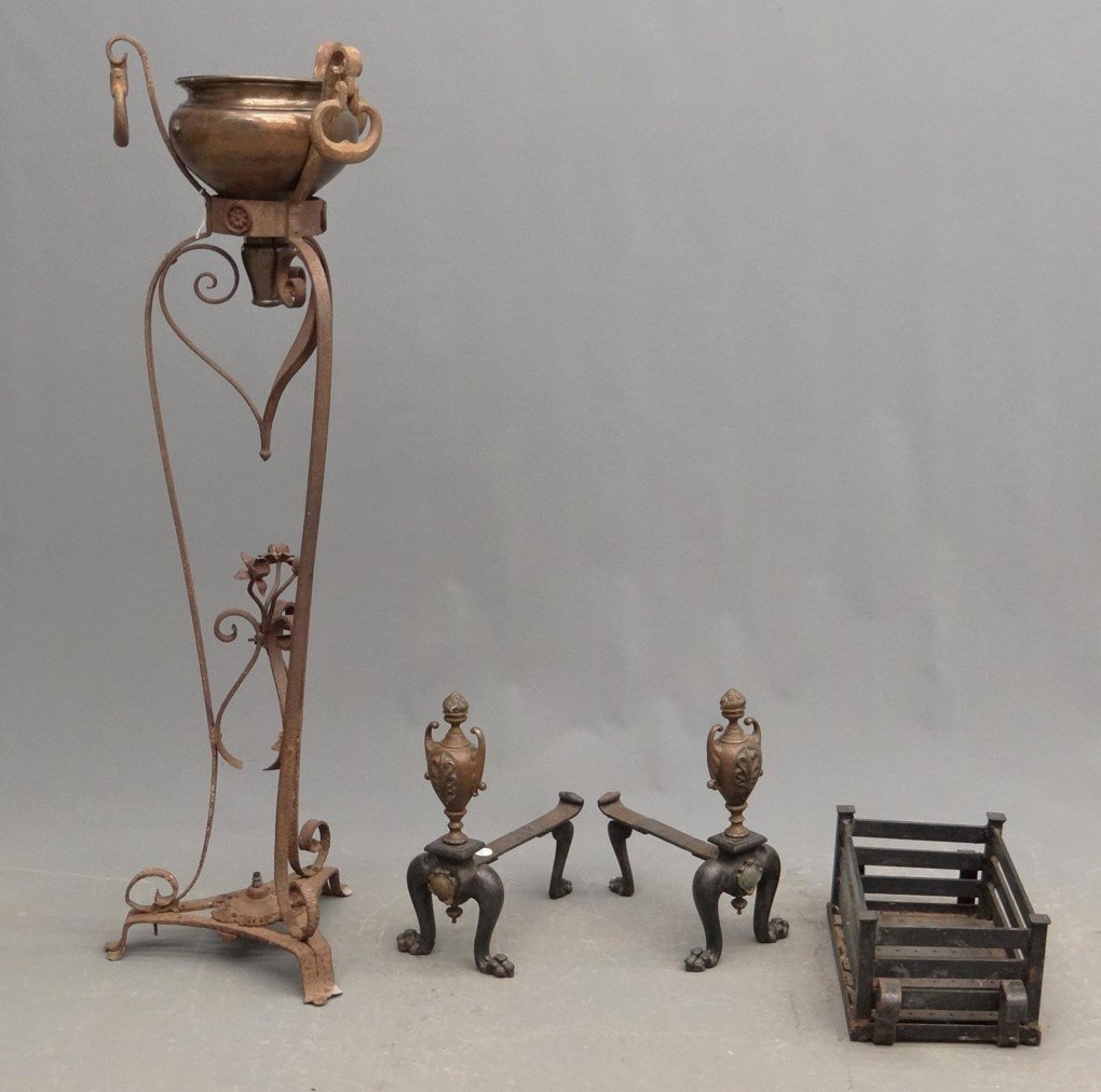 Misc. Lot: Misc. lot including pair of brass and iron andirons (16" Ht., 12" D.), iron firebox (9" x 15" x 6 1/2" Ht.), iron base planter (48" Ht.).