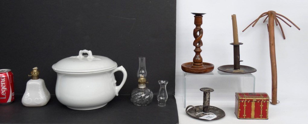 Misc. Lot: Misc. lot including (2) oil lamps (7 1/2" and 8 1/2" Ht.), tea box, wooden candlestick, tin candlesticks, chamberpot and wooden herb rack (broken).