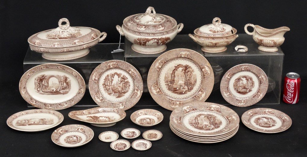Ironstone China: Set of (23) pieces 19th c. English ironstone china "Castle Scenery" pattern. Imperfections.