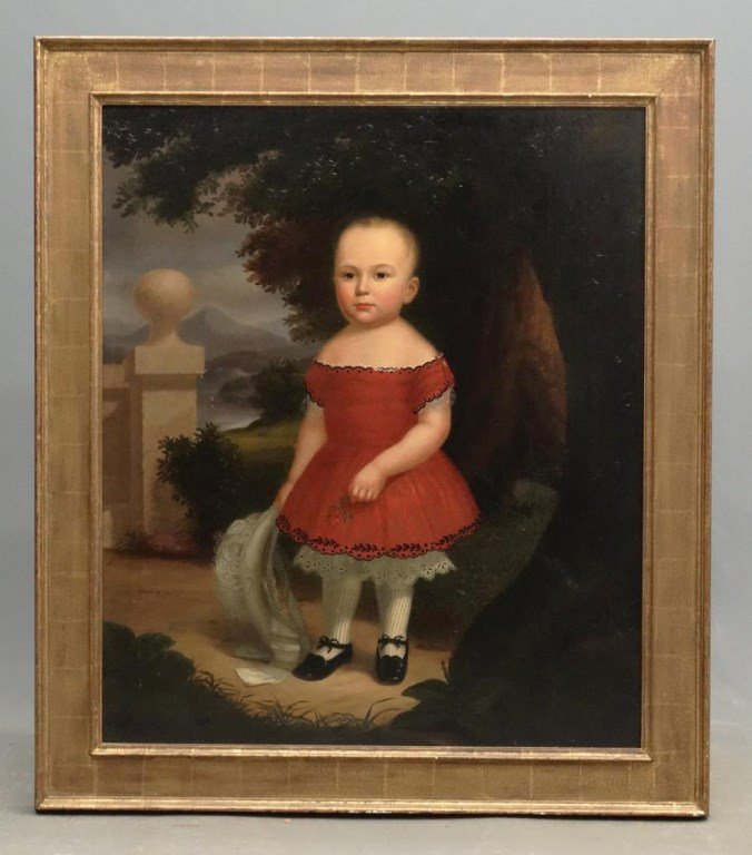 19th c. Folk Art Portrait Of A Child: Early 19th c. oil on canvas, folk art full length portrait of a child in dress. Work 43" x 37".