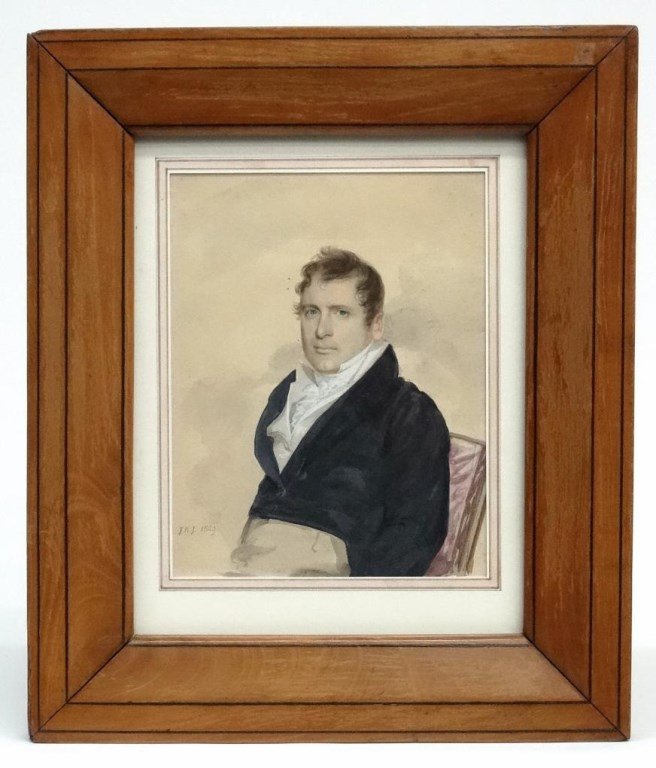 John Wesley Jarvis (1780-1840): John Wesley Jarvis (N.Y./Penna. 1780-1840), portrait of a gentleman. Watercolor. Marked LLC "J. W. J. 1809". Sight 8"x 6 1/2". Property of a Pawling New York Collector.