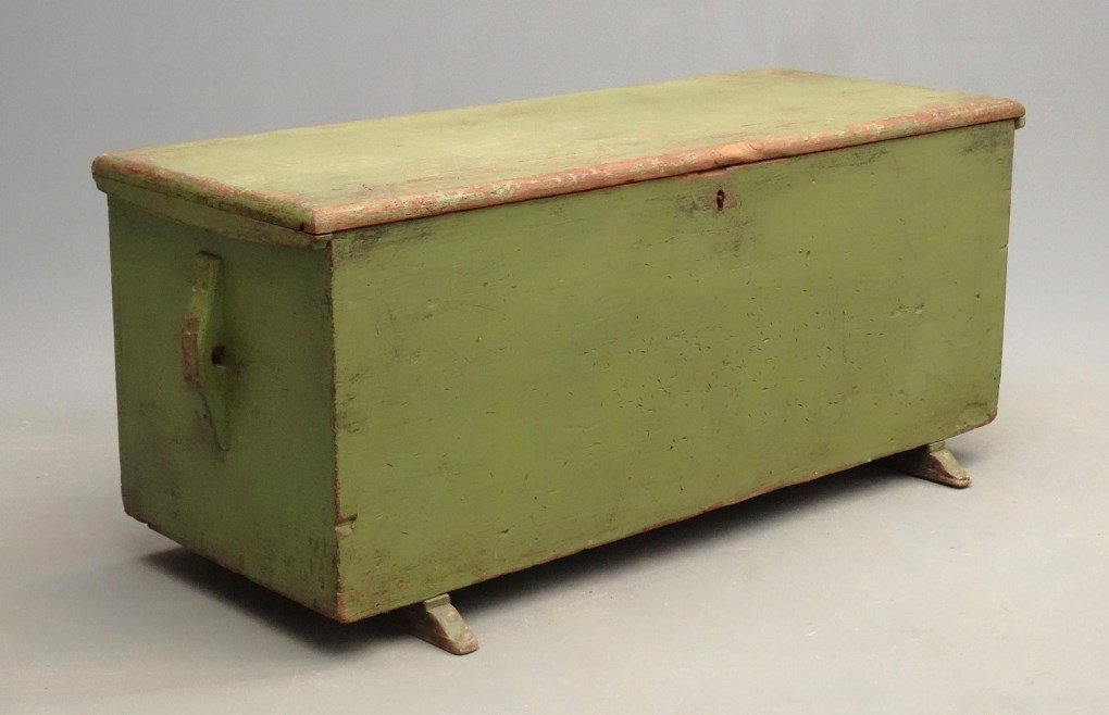 19th c. Blanket Box: Early 19th c. shoe foot blanket box in later green paint. 48" x 18 1/2" x 21" Ht..