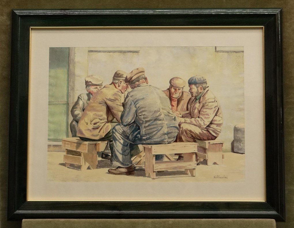 N. Rinaldi, Men Playing Cards: N. Rinaldi, men playing cards, watercolor. Info verso. Sight 13 1/2" x 19".