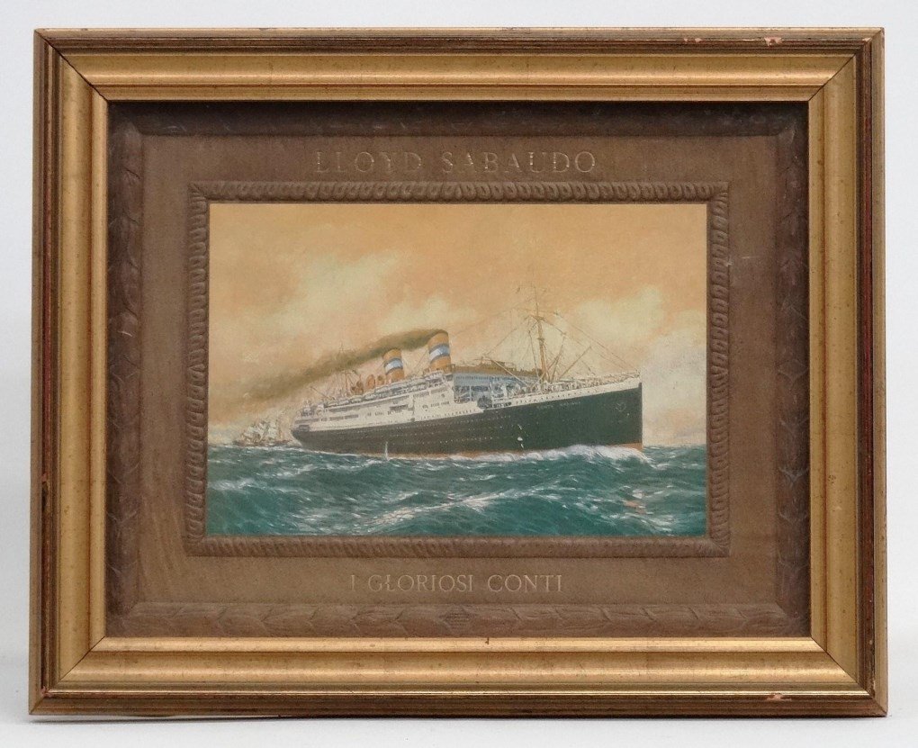 Cruise Ship Advertisement: "LLOYD SABAUDO/I GLORIOSI CONTI", cruise ship advertisement, faux leather mat. Sight 12" x 16".