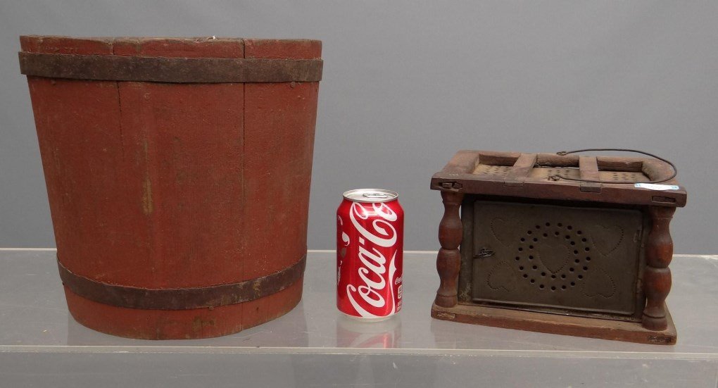 Primitive Lot: Lot including 19th c. bucket in red paint (10" D., 10 1/2" Ht.), along with 19th c. pierced foot warmer with punched hearts, (9" x 8" x 5 1/2" Ht.).