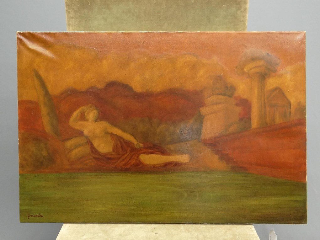 Grisanti, Classical Subject25: Painting oil on canvas reclining nude, Classical subject. Unframed 32" x 47". Signed "Grisanti".
