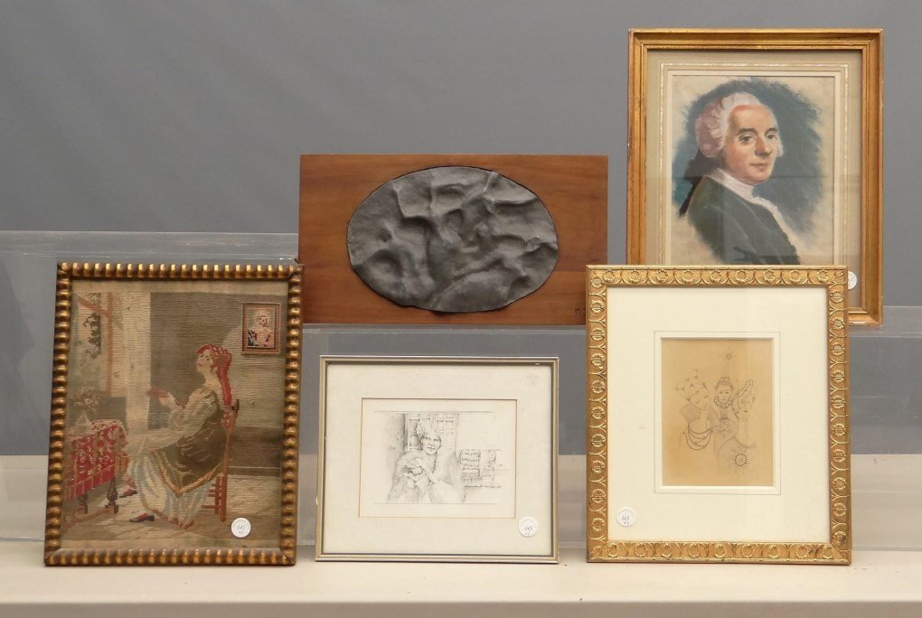 Artwork Lot: Misc. artwork lot (5) pieces including pastel of Colonial man (sight 11 1/2" x 9"), drawing by William Barclay (sight 6 1/2" x 8 1/4"), Continental needlework (sight 14" x 11 1/2"), drawing signed "Ma