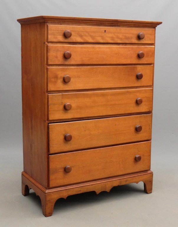 C. 1800 Birch Tall Chest Of Drawers: C. 1800 birch six drawer tall chest with bracket base. One drawer patched. 38 1/2" x 19 1/2"x 53 3/4" Ht..
