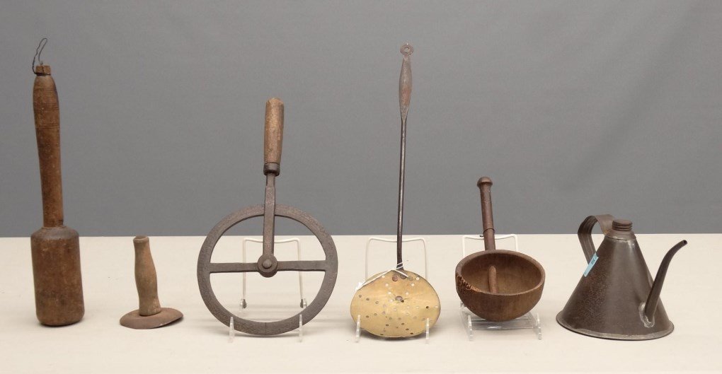 Misc. Lot: Misc. lot including tin oil can, iron and wood wheel measure, masher, scoop, spatula and hogscraper.