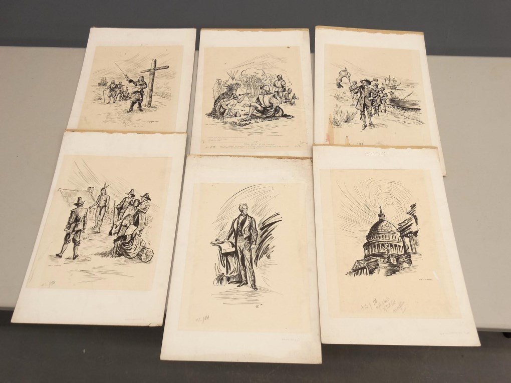 William S. Harvey (American 20th Century): William S. Harvey (American 20th Century), (6) original illustrations on mounting boards. 12 1/2" x 19" overall.