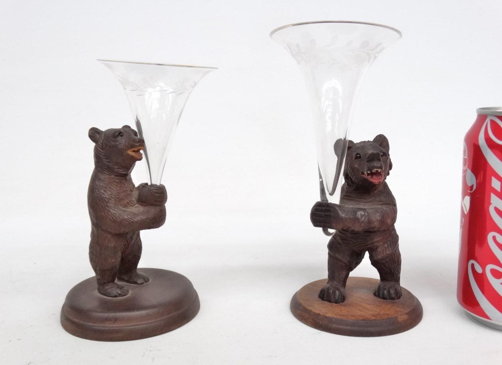 Pair Carved Bears With Epergnes: Pair wooden carved bears with glass epergnes. 6" and 7" overall Ht..